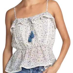 Miss Me Ditzy Ruffle Cami Top Blouson Ribbon Drawstring Floral Blue Small